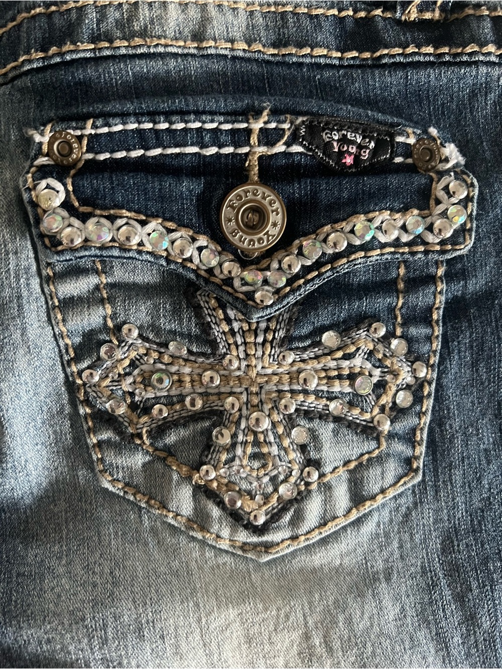 B-9-3 Forever Young Women's Blue Denim Bootcut Jeans with Rhinestone Cross Pocke